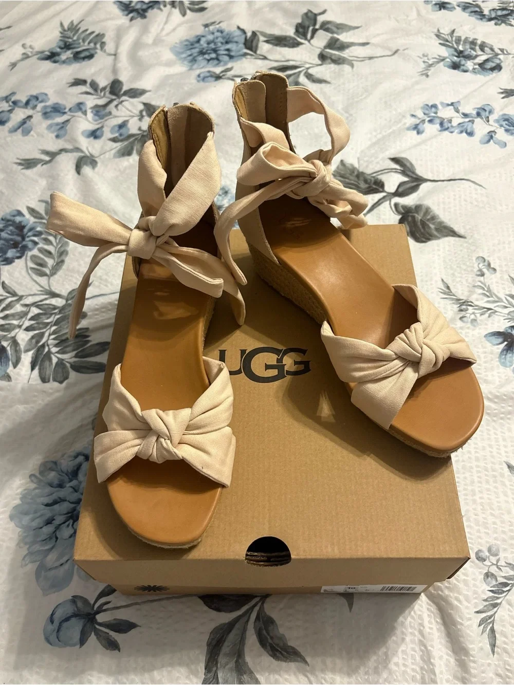 UGG Women's Cream Knotted Ankle-Tie Wedge Sandals